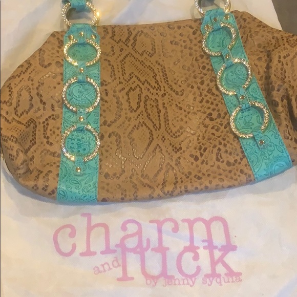 Charm and Luck rhinestone leather Leopard print bag green turquoise trim - Picture 2 of 8